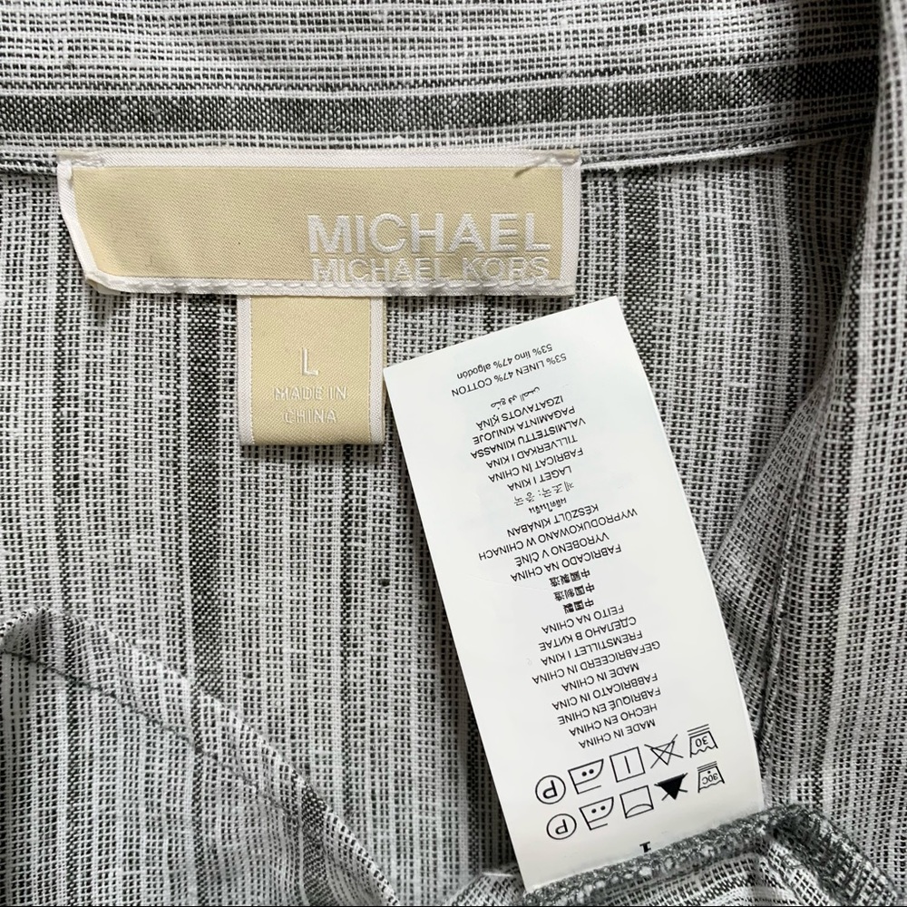 SOLD-Michael Kors Black and Gray Stripe Roll Tab Sleeve Linen Blend Buttondown - Picture 7 of 8